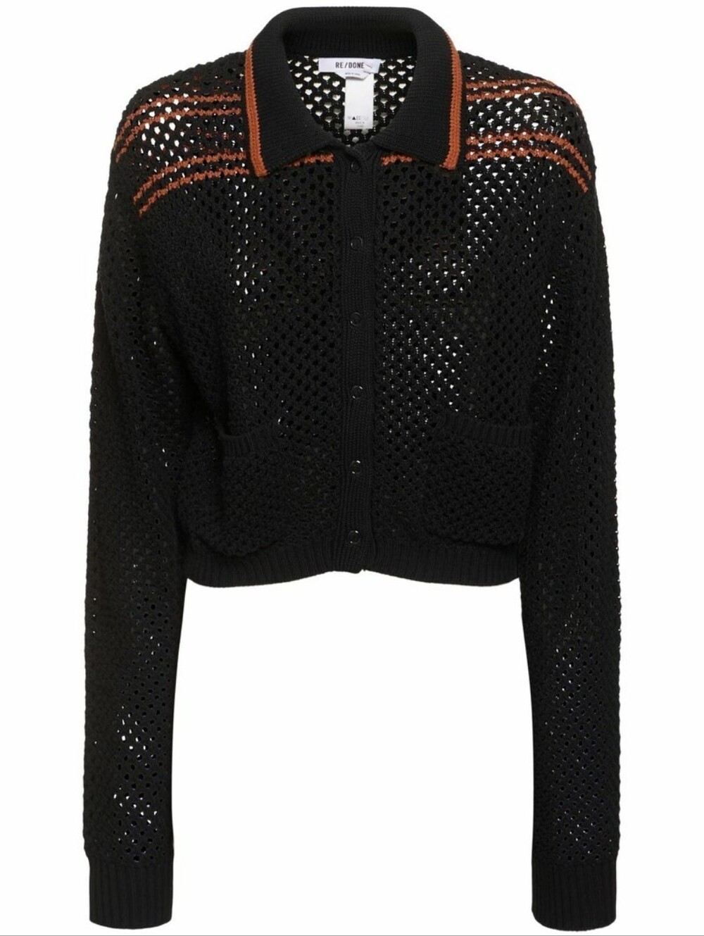RE/DONE Crochet Mesh Polo Cotton Cardigan Black & Orange Terracotta Trim XS New